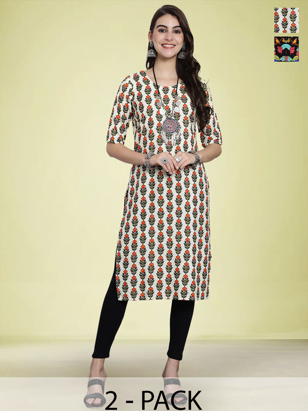 

Moda Rapido Selection Of 2 Floral Printed Round Neck Straight Kurtas, White