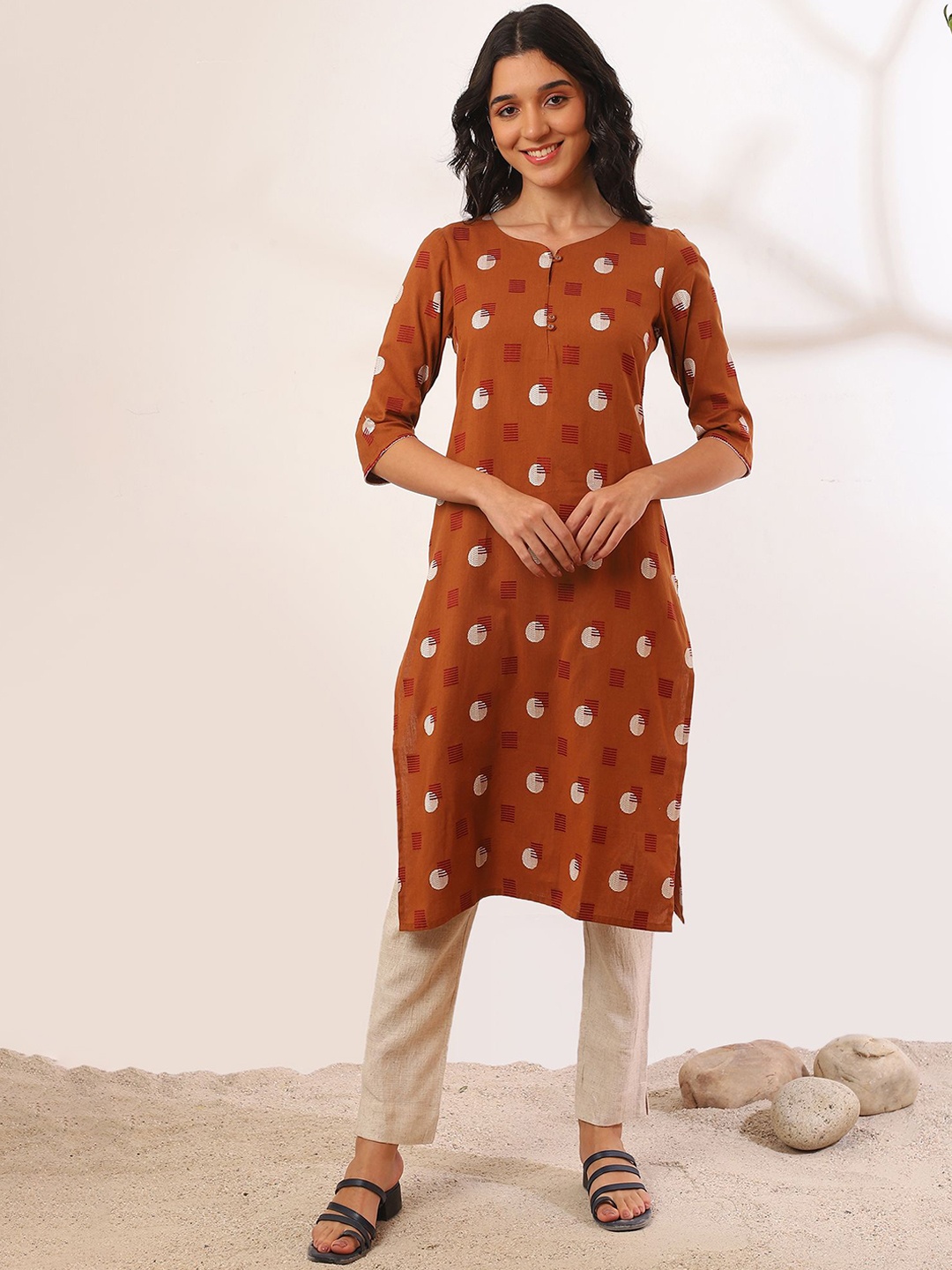

AURELIA Geometric Printed V-Neck Cotton Straight Kurta, Orange