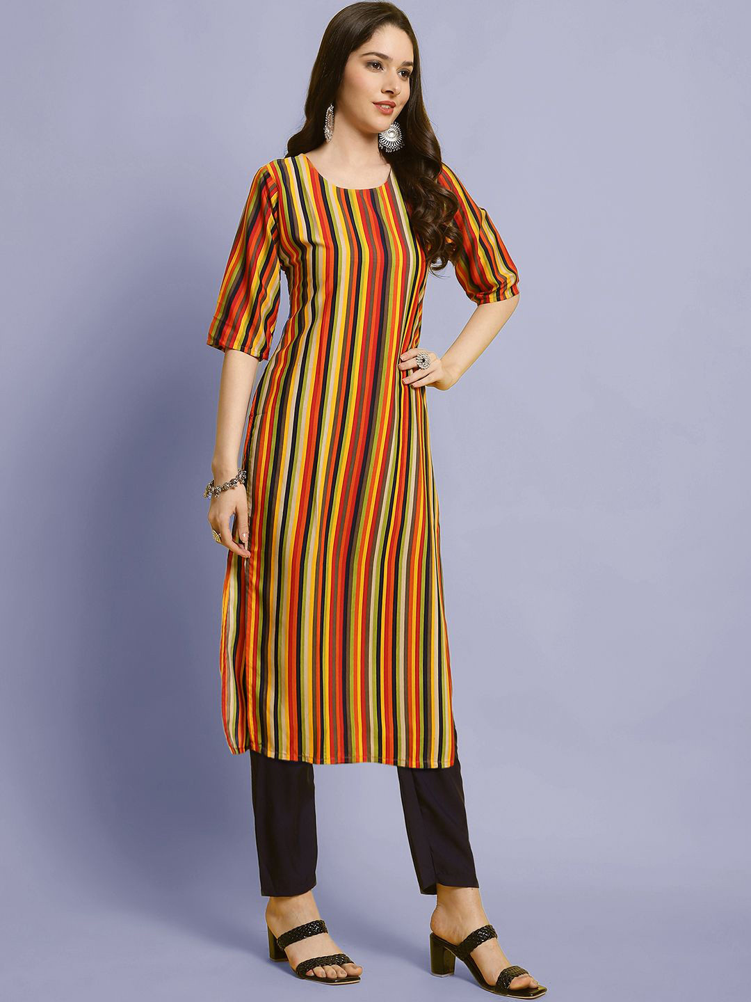 

Moda Rapido Striped Round Neck Straight Kurta With Trousers, Orange