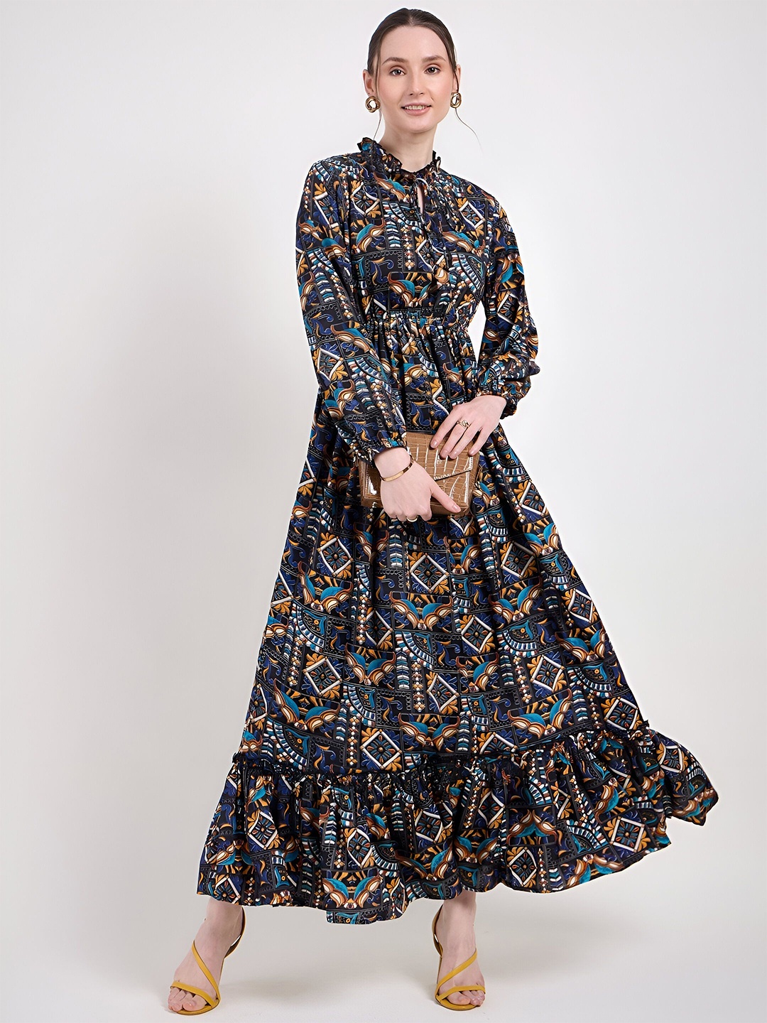

OTABU Women Floral Printed Tie-Up Neck Puff Sleeves Fit and Flare Maxi Dress, Black