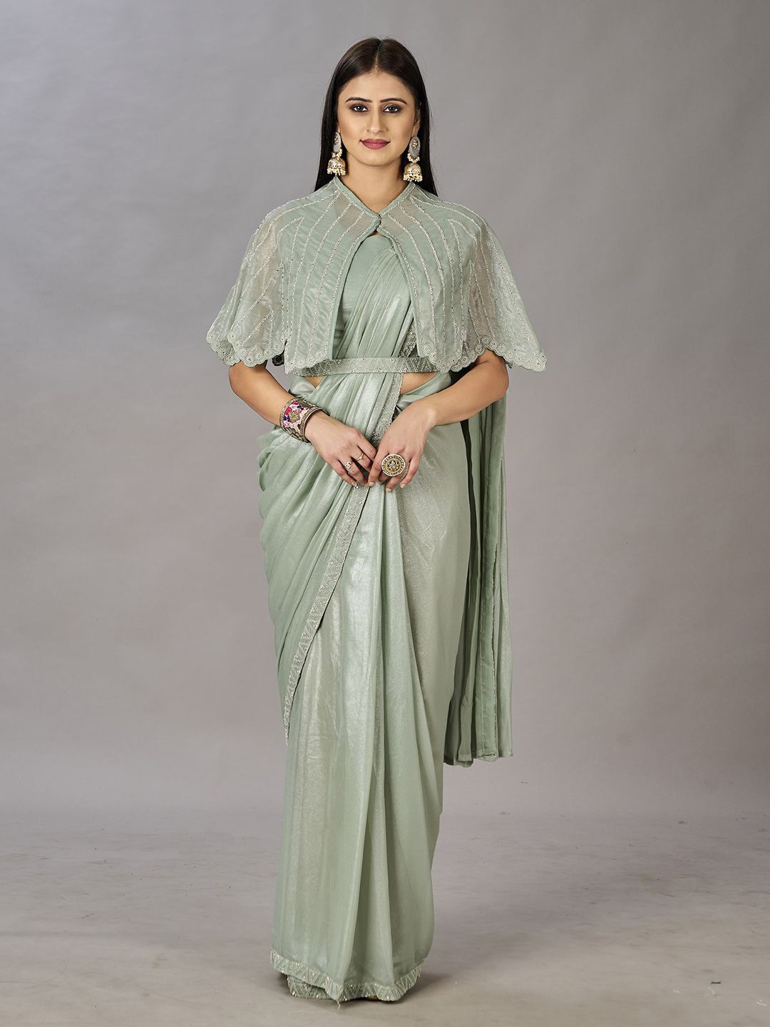 

Krimmple Embellished Pure Georgette Ready to Wear Saree, Green