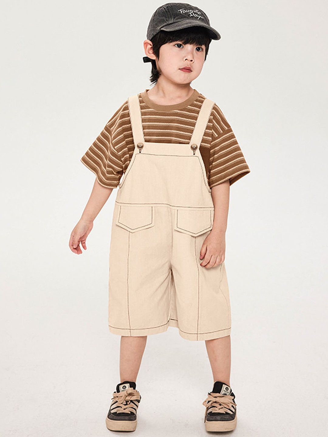 

LULU & SKY Boys Pure Cotton Mid-Calf Length Dungaree, Beige