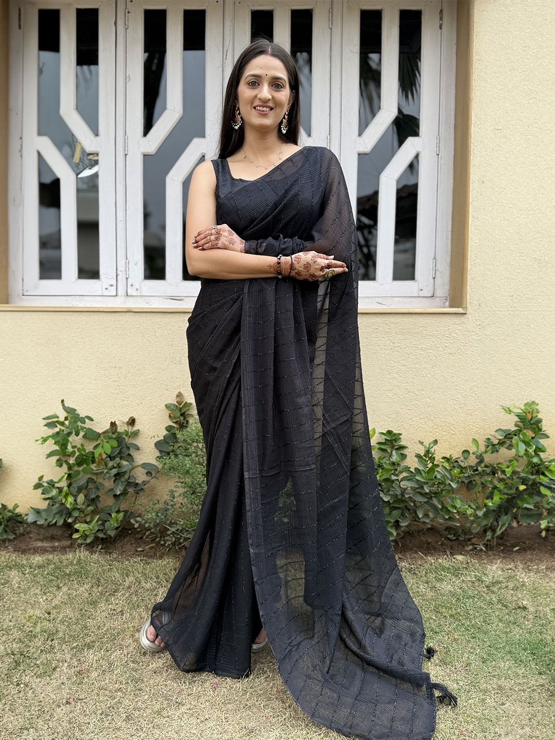 

JULEE Striped Pure Chiffon Saree, Black