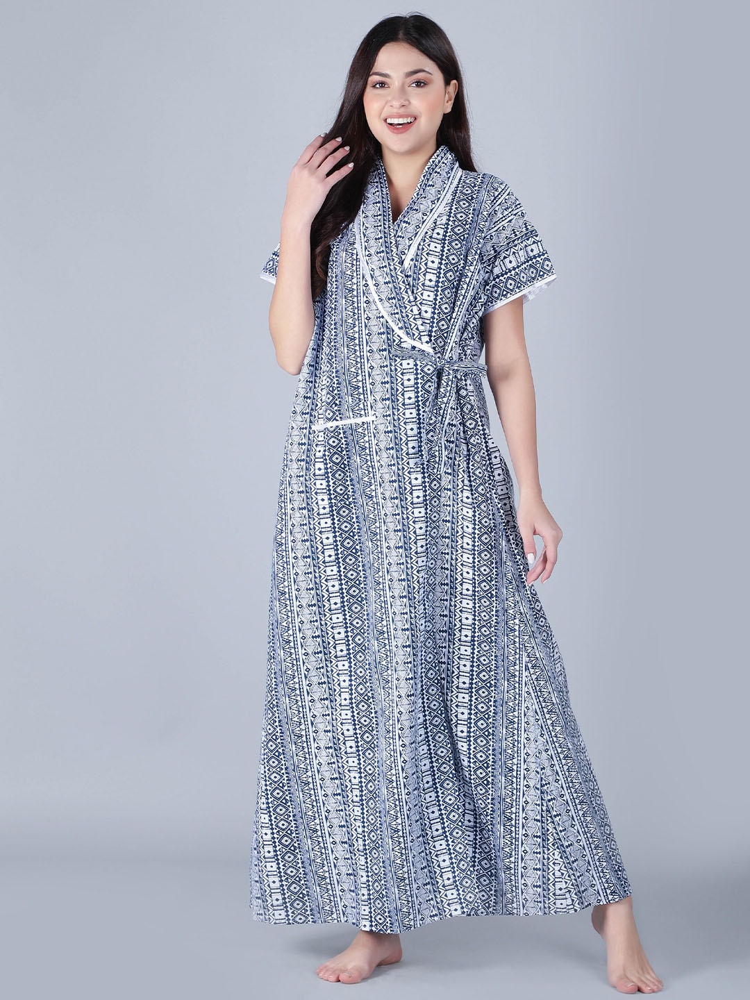 

BELLAMY Women Printed Pure Cotton Maxi Nightdress, White