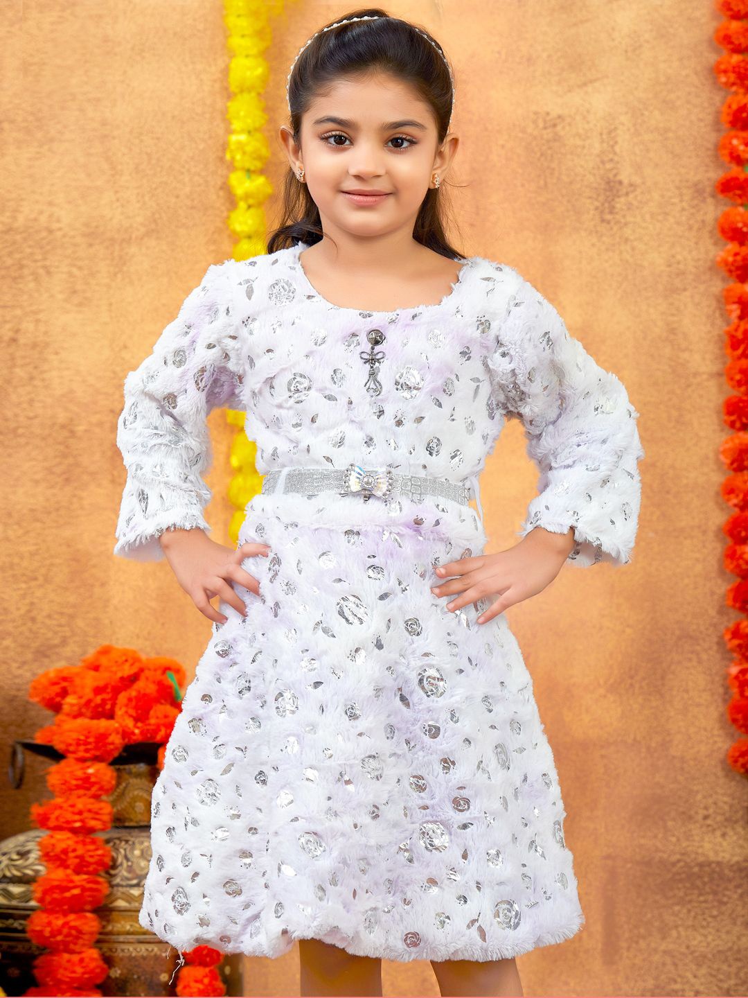

YK Girls Floral Print Woollen Sweater Dress, White