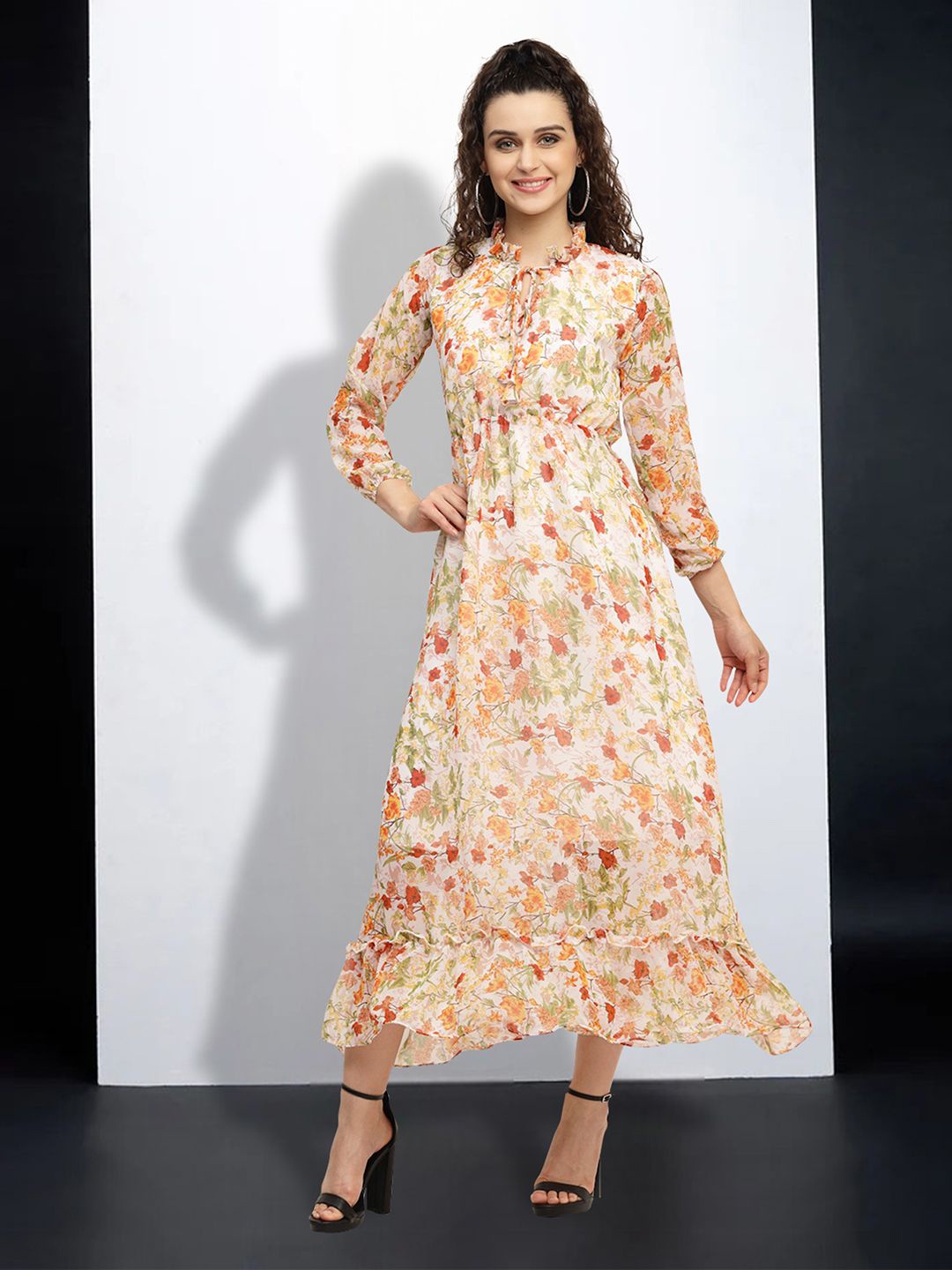 

MISS AYSE Floral Print Tie-Up Neck Applique Fit & Flare Dress, Multi