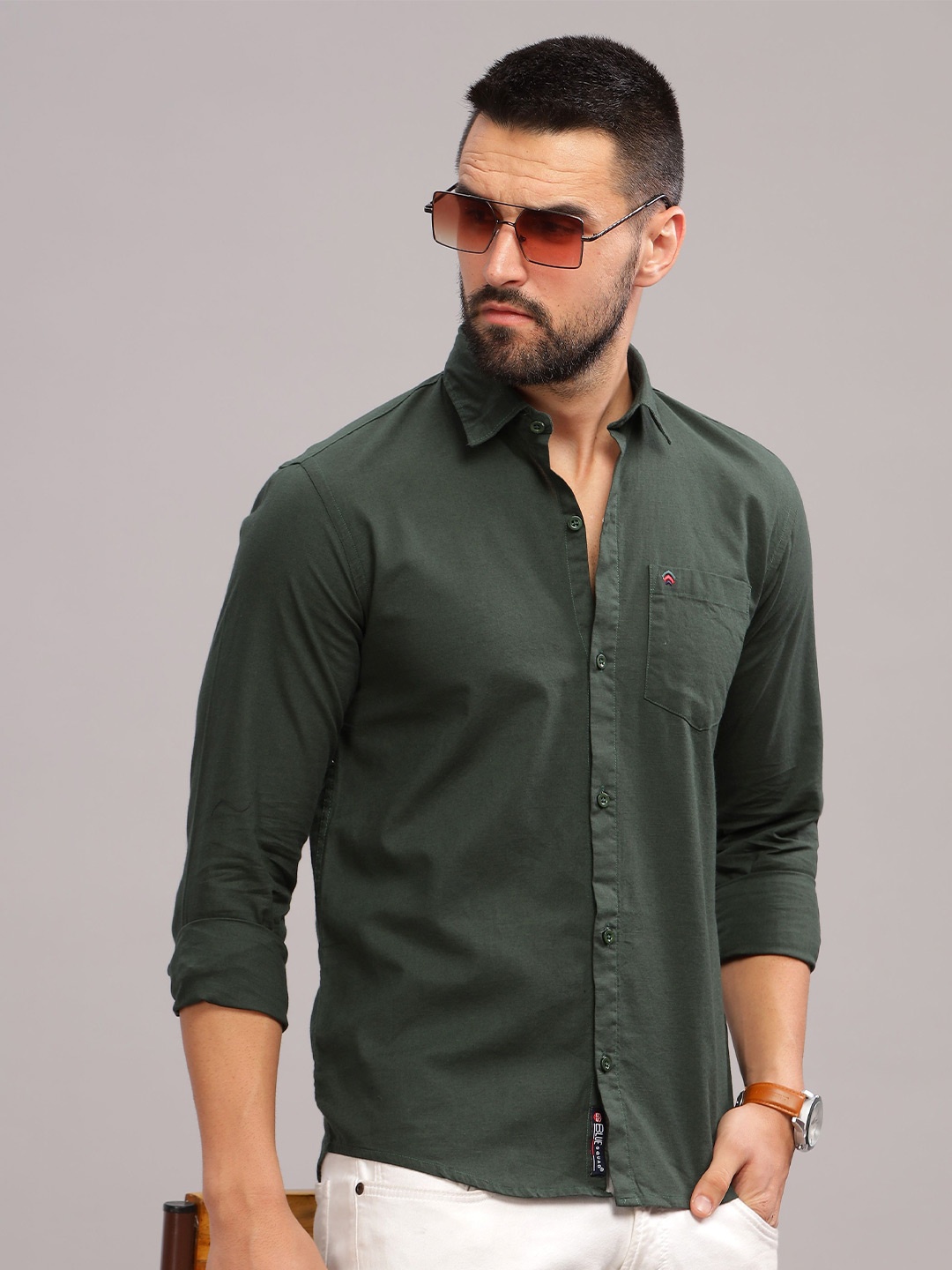 

BS BLUE SQUAD Men India Slim Fit Spread Collar Solid Casual Shirt, Olive