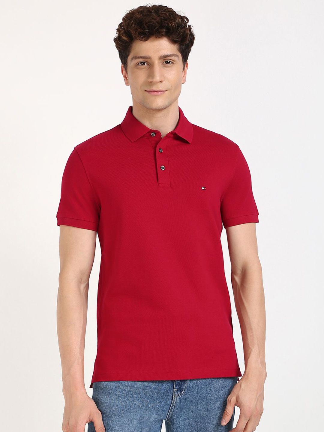 

Tommy Hilfiger Men Solid Polo Collar Organic Cotton Slim Fit T-shirt, Red