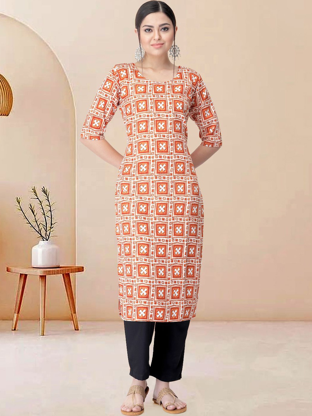 

Moda Rapido Geometric Printed Round Neck Straight Kurta With Trouser, Orange