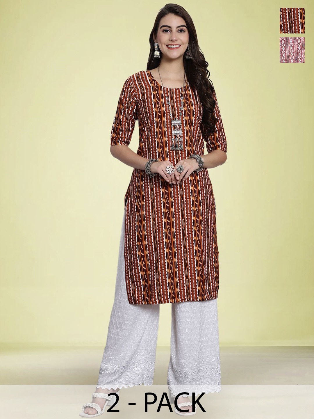 

Moda Rapido Women Pack Of 2 Printed Round Neck Kurta, Brown