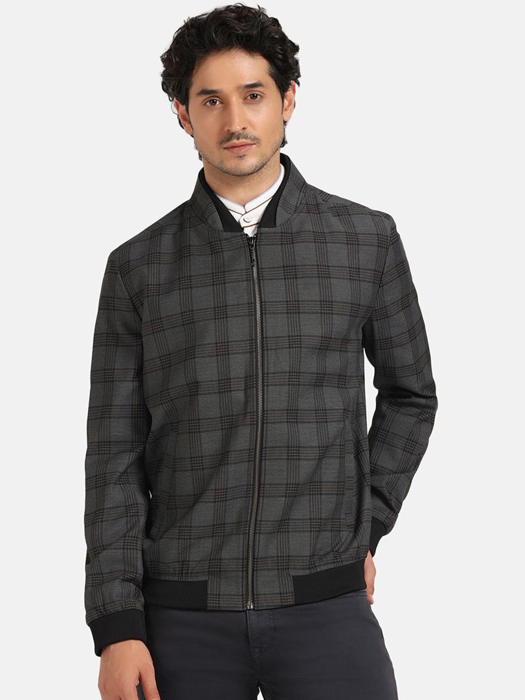 

Blackberrys Men Stand Collar Checked Casual Bomber Jacket, Grey