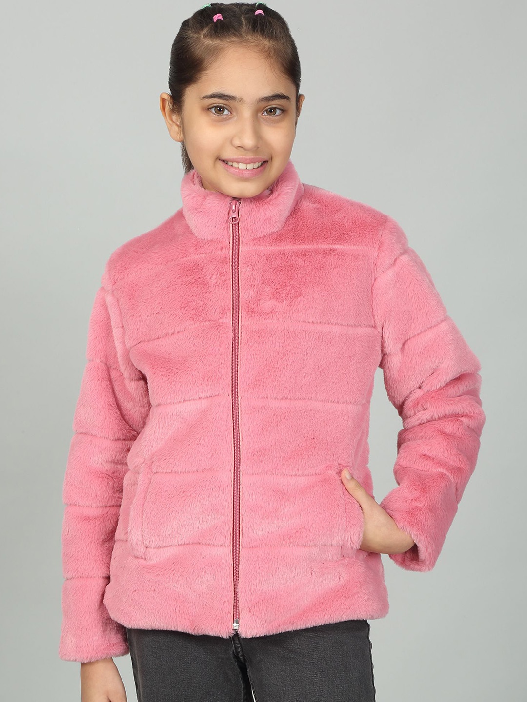 

Cantabil Girls Mock Collar Solid Woollen Casual Parka Jacket, Pink