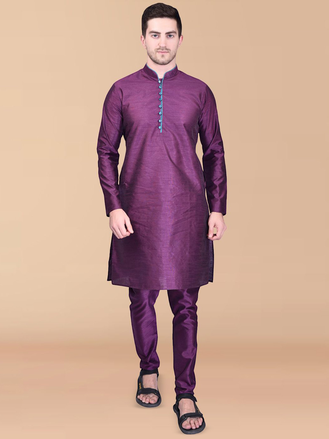 

RAASA DRAPES Mandarin Collar Pure Silk Straight Kurta with Churidar, Purple
