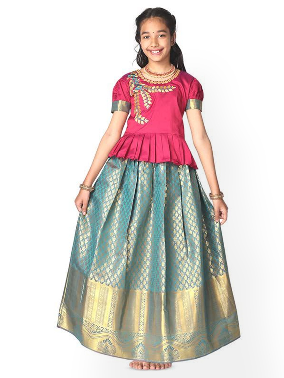 

TotzTouch Girls Embroidered Ready to Wear Lehenga &, Blue