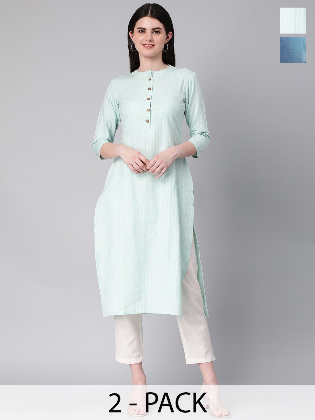 

KALINI Selection Of 2 Striped Mandarin Collar Cotton Straight Kurtas, Blue