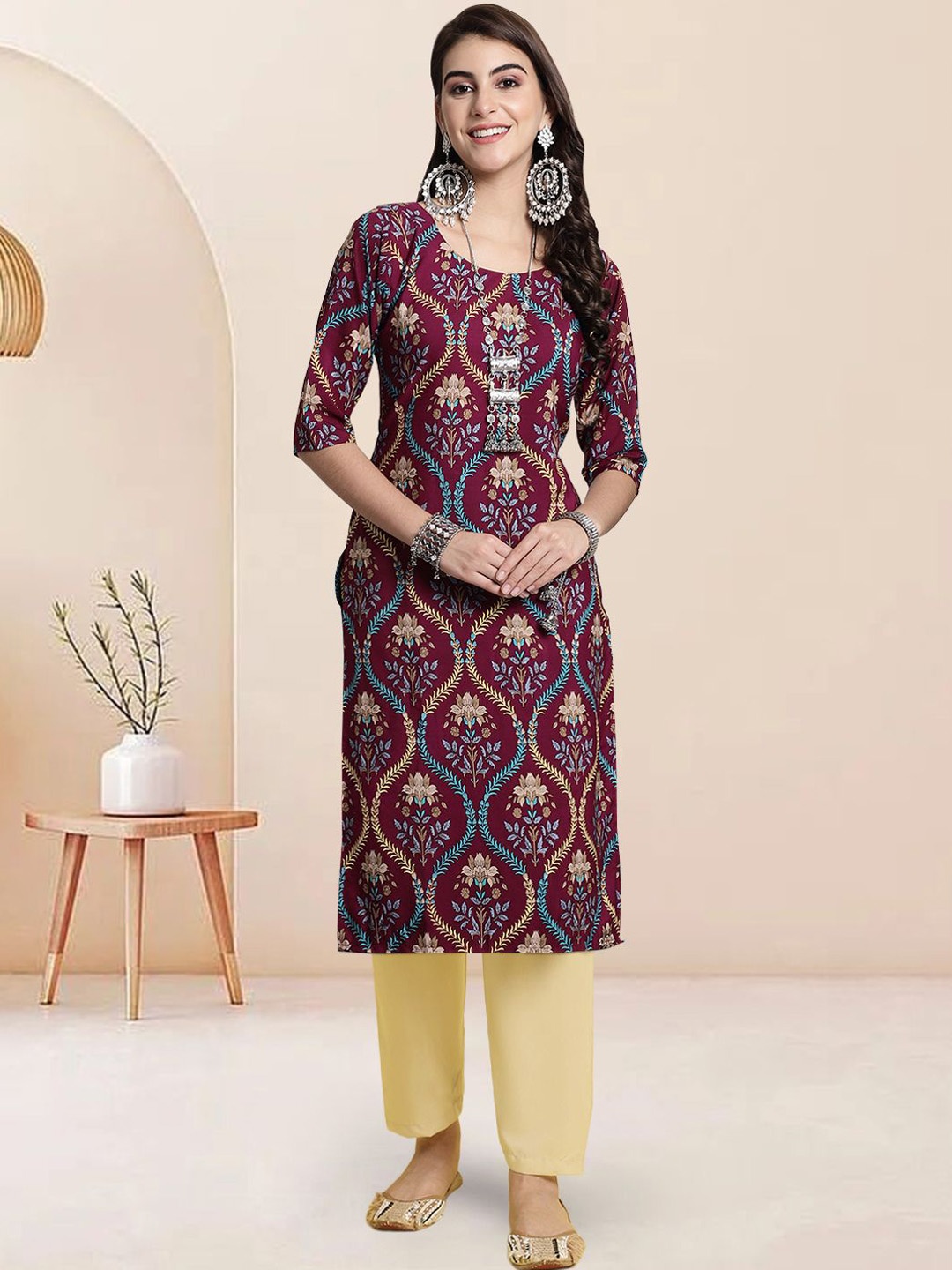 

Moda Rapido Floral Printed Round Neck Straight Kurta With Trouser, Purple