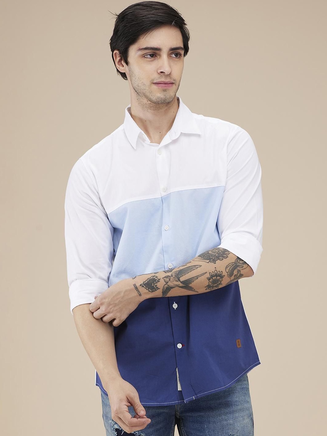 

Being Human Men Classic Fit Spread Collar Colourblocked Cotton Casual Shirt, White