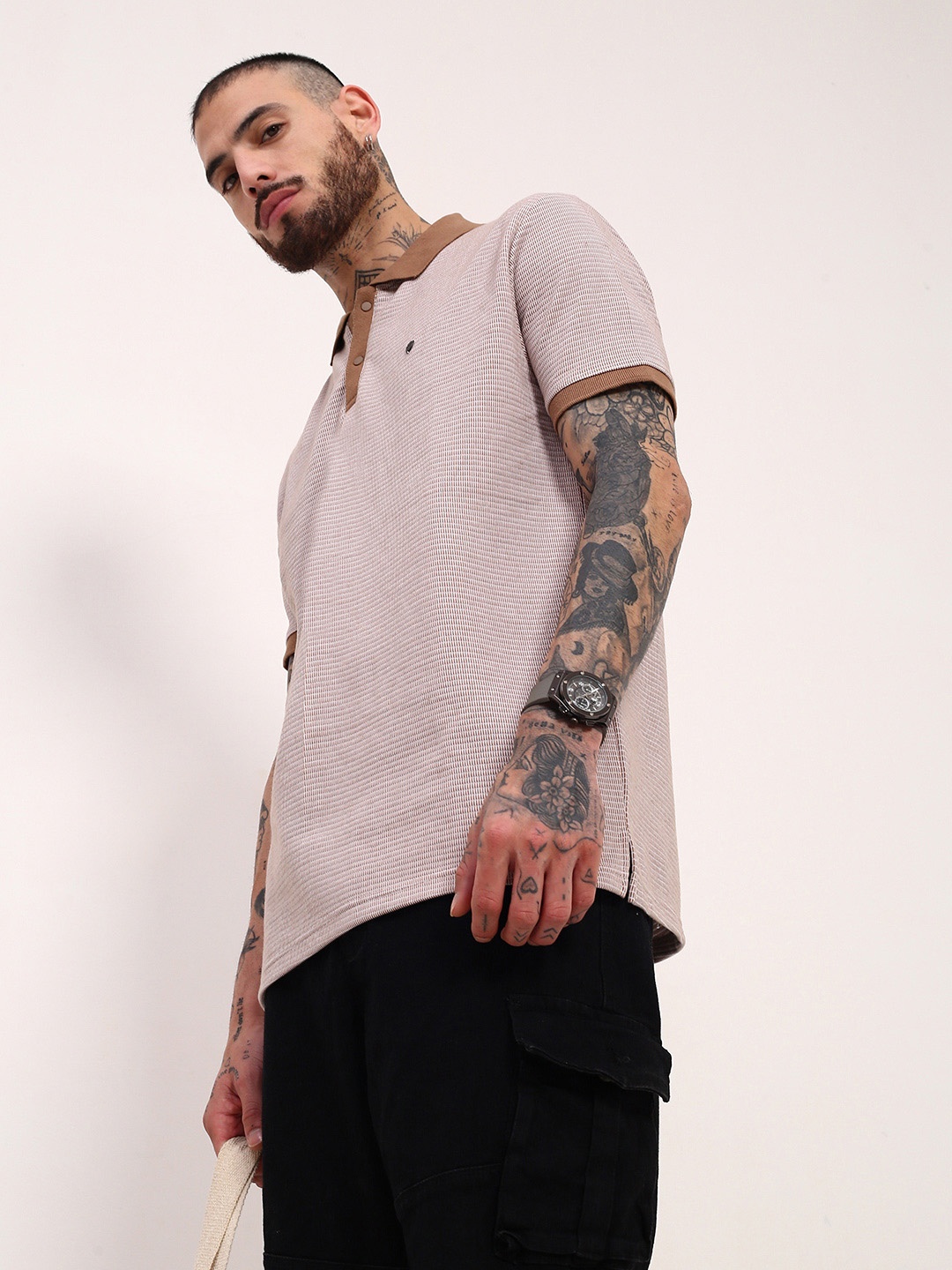 

SHOWOFF Men Striped Polo Collar Slim Fit Cotton T-shirt, Taupe