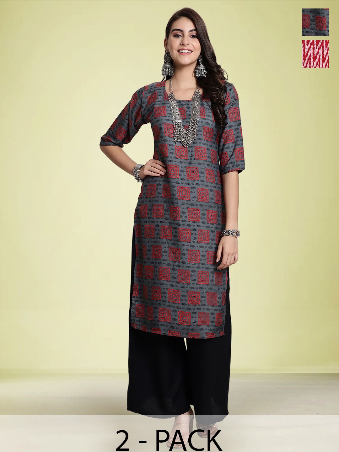 

Moda Rapido Selection Of 2 Geometric Printed Round Neck Straight Kurtas, Grey