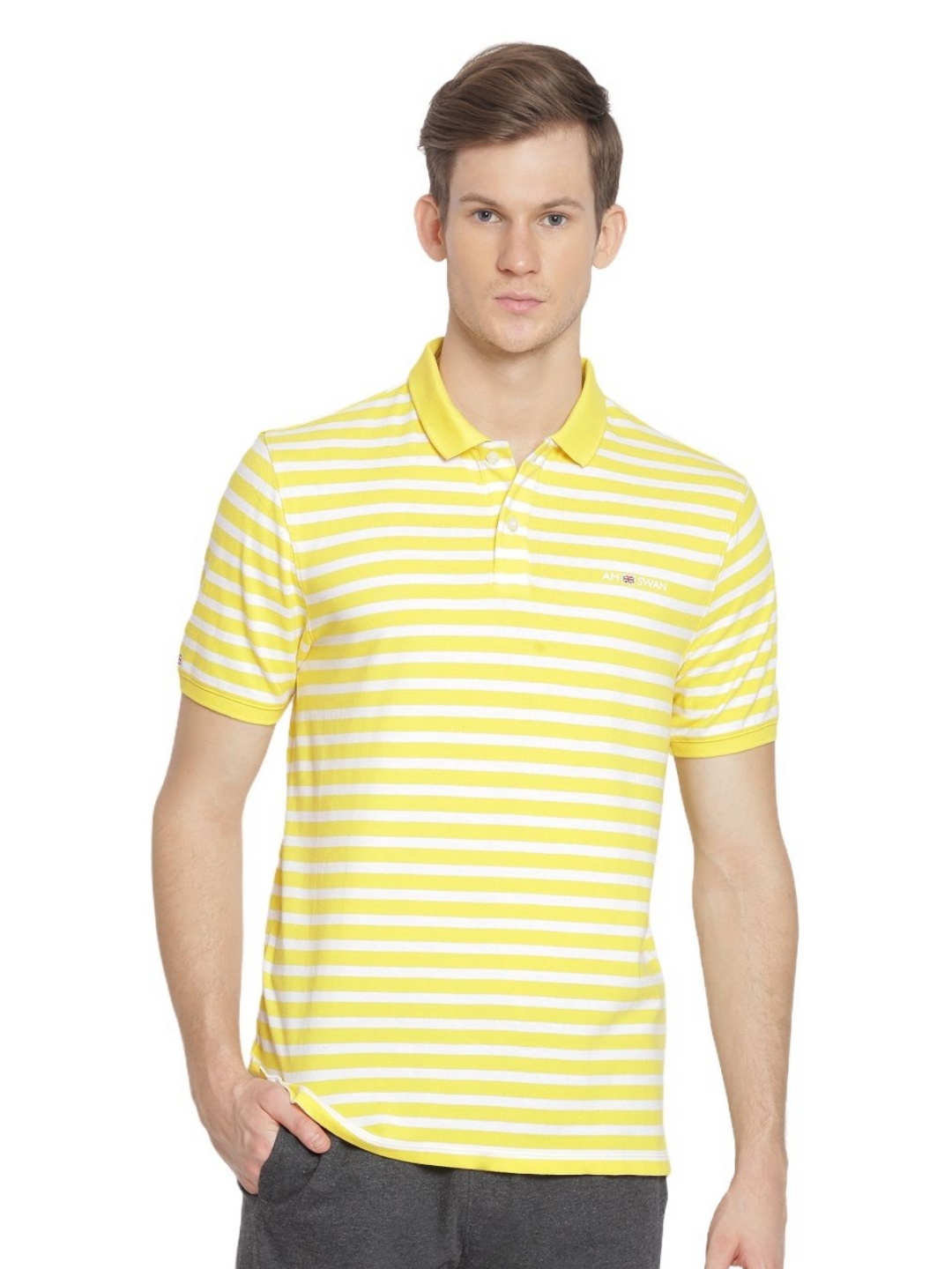 

AMSWAN Men Striped Polo Collar T-shirt, Yellow