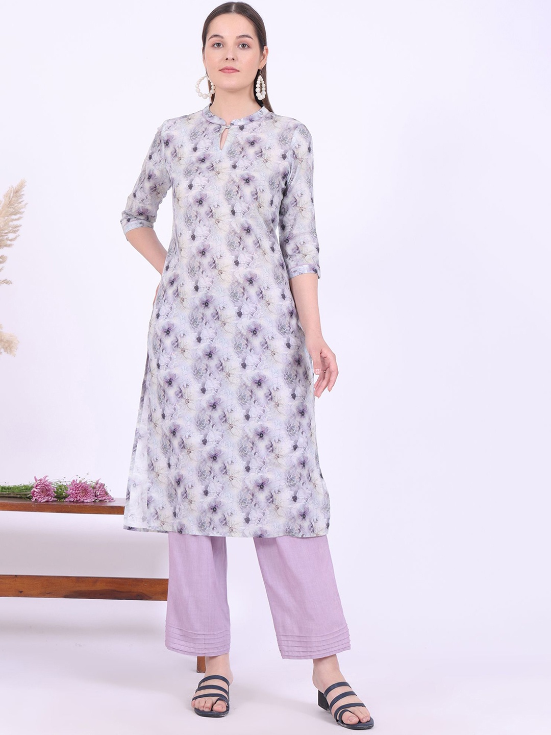 

AURELIA Woven Design Keyhole Neck Pure Cotton Straight Kurta With Trouser, Purple