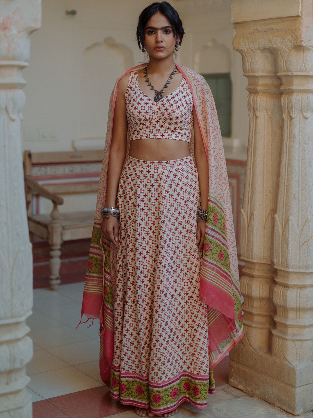 

BAARO MASI Printed Block Print Ready to Wear Lehenga & Blouse With Dupatta, Pink