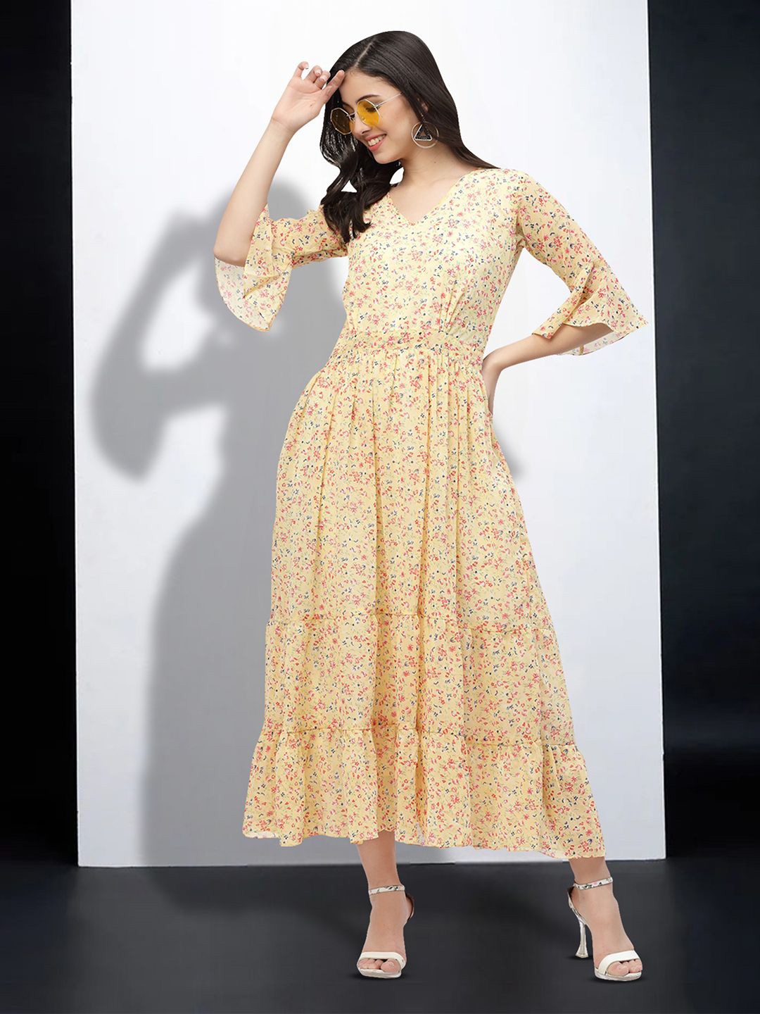 

MISS AYSE Floral Print Applique Fit & Flare Dress, Yellow
