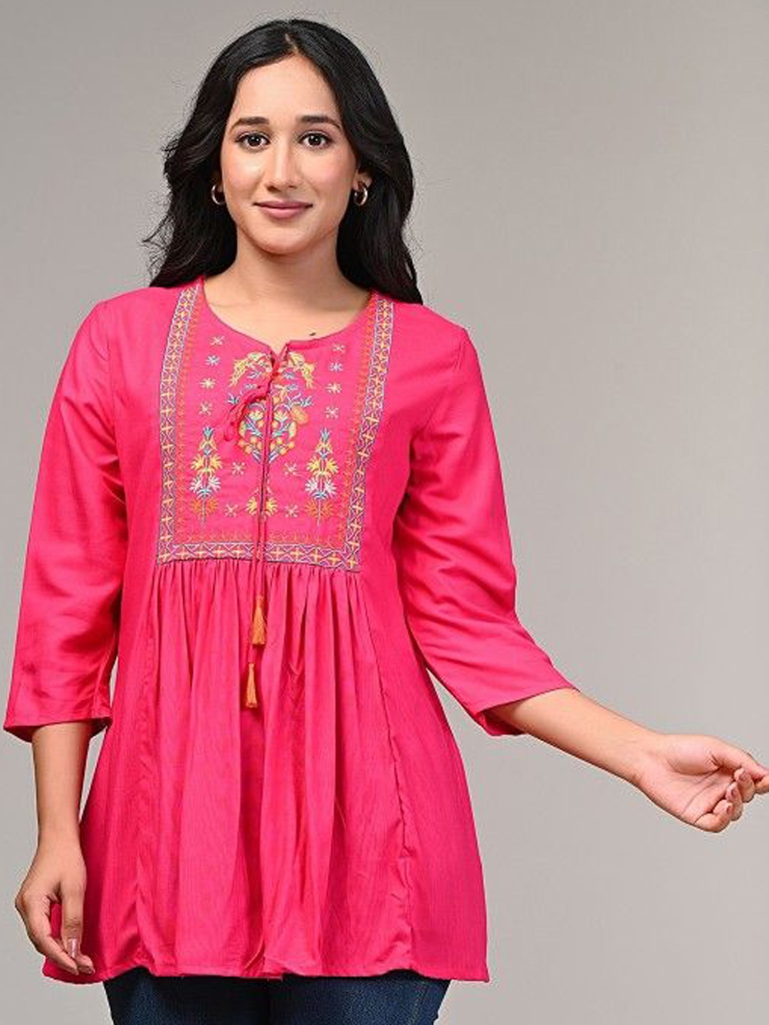 

AVAYAYAT Floral Embroidered Tie-Up Neck Pleated Thread Work A-Line Kurti, Pink