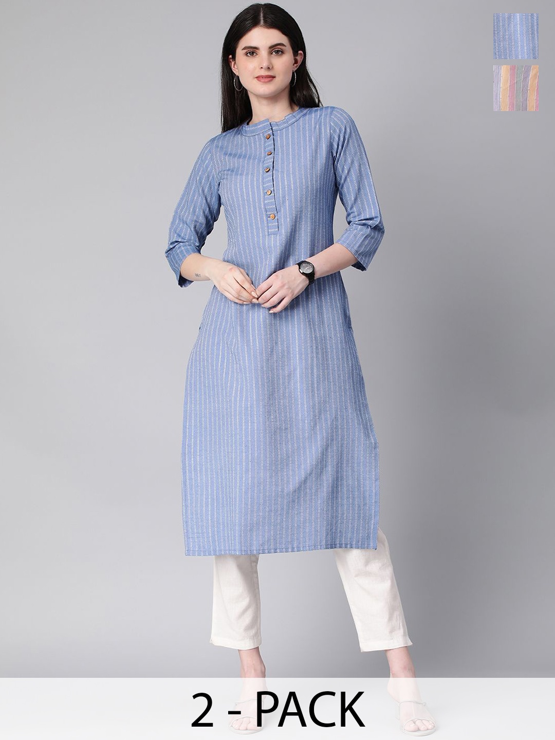 

KALINI Selection Of 2 Striped Mandarin Collar Straight Kurtas, Blue
