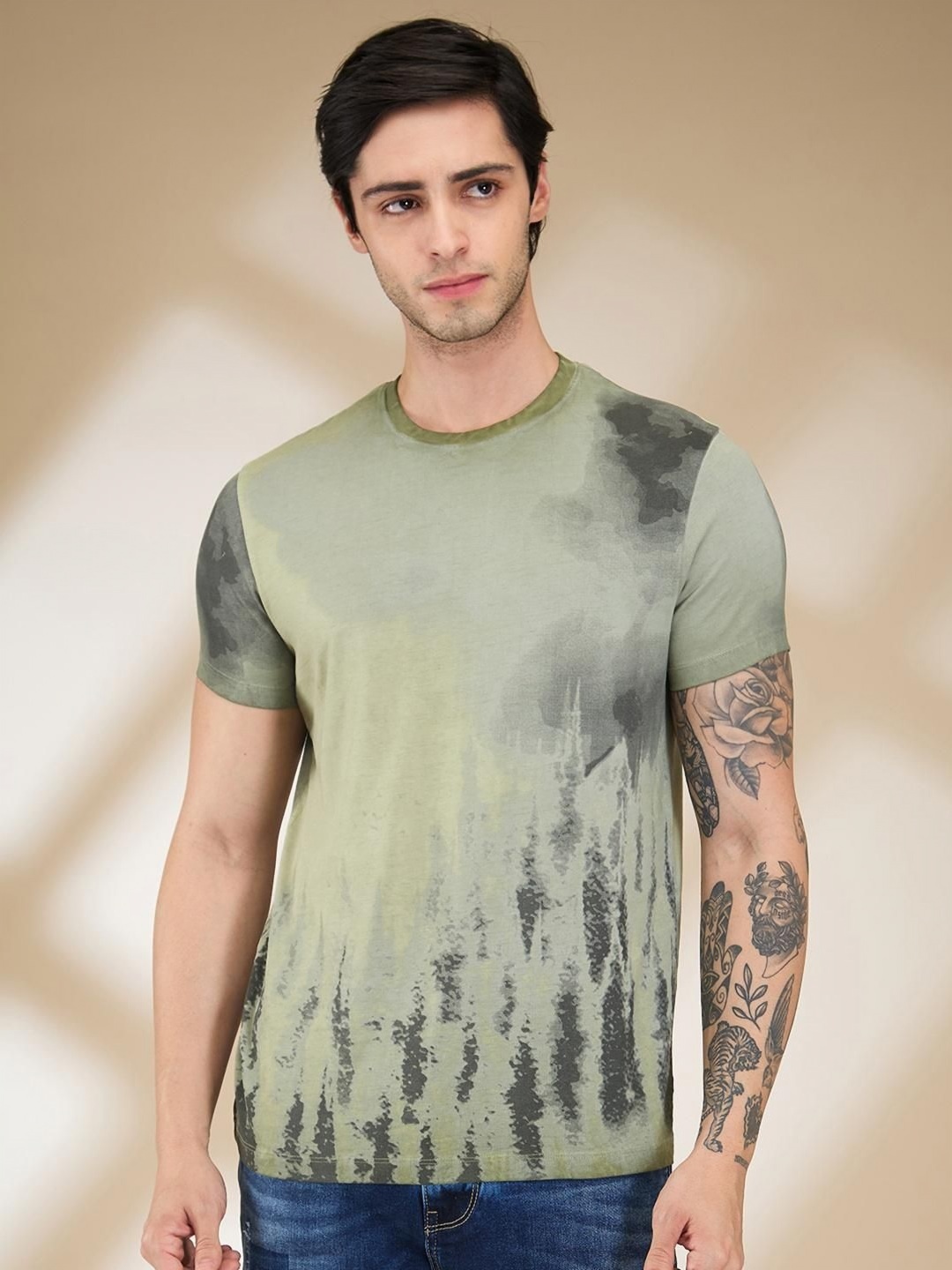 

Being Human Men Abstract Printed Round Neck Cotton T-shirt, Olive