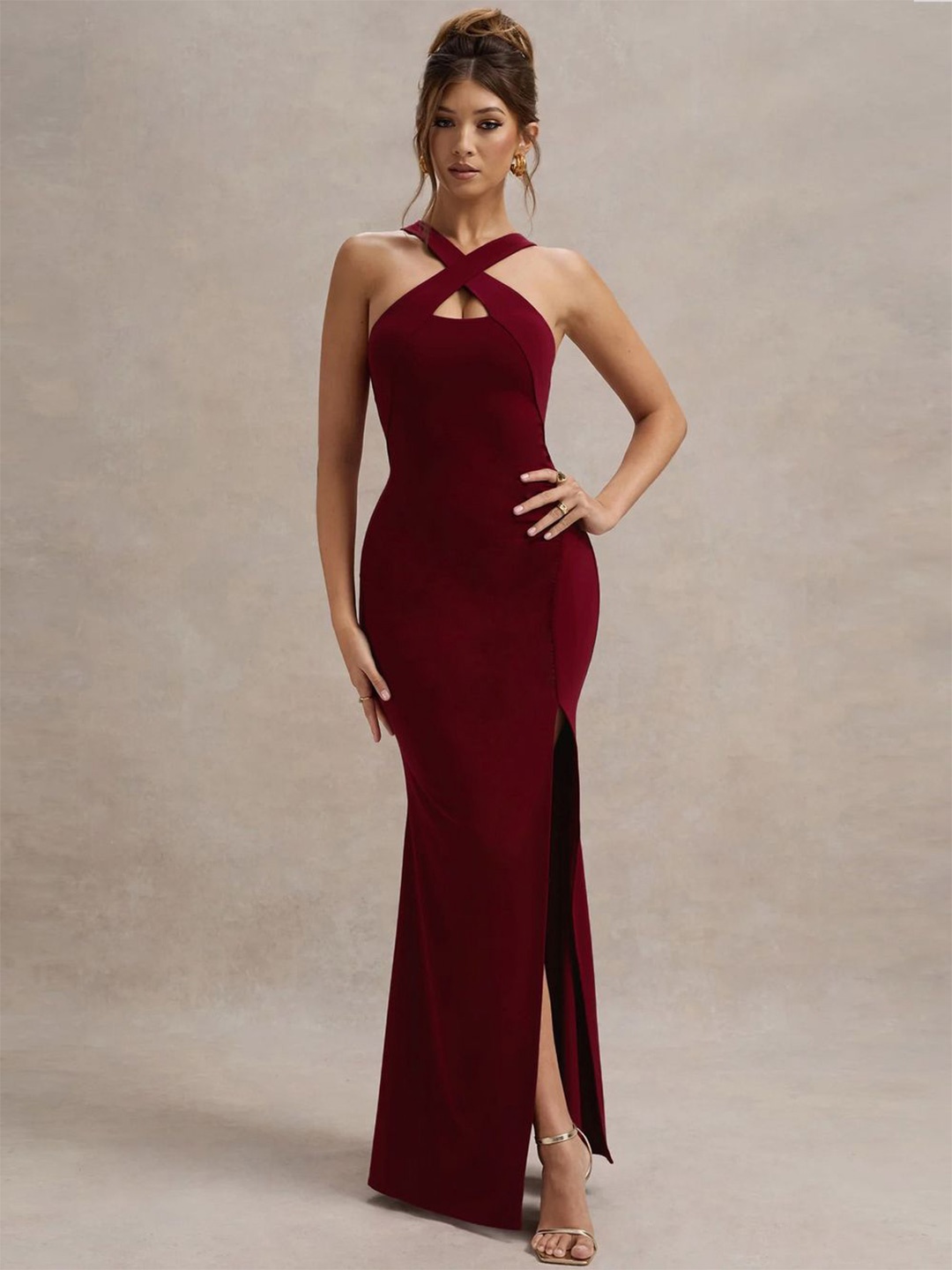 

Genzy Halter Neck Crepe Bodycon Maxi Dress, Burgundy