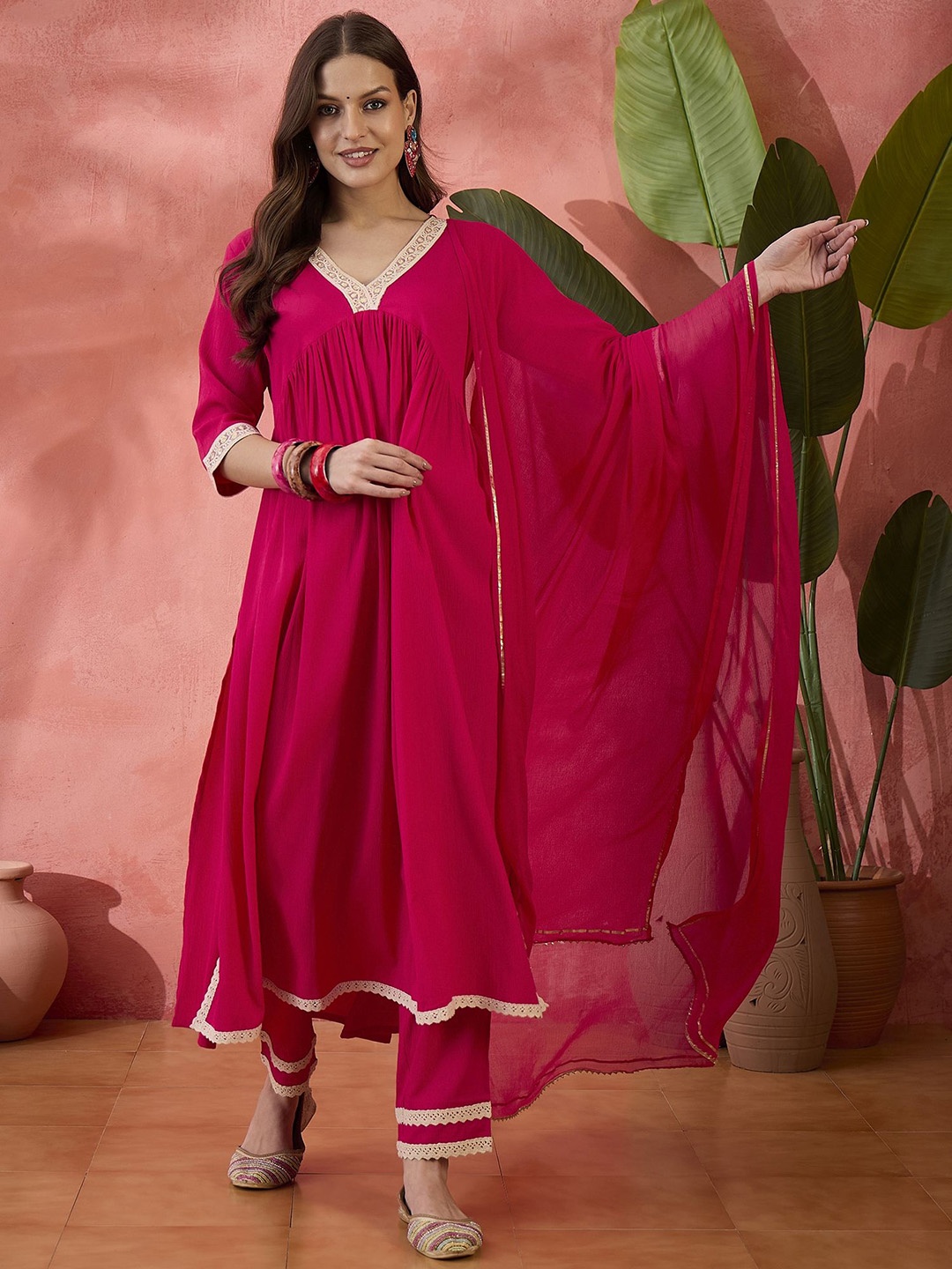 

Sangria Embroidered A-Line Kurta Trouser With Dupatta, Magenta