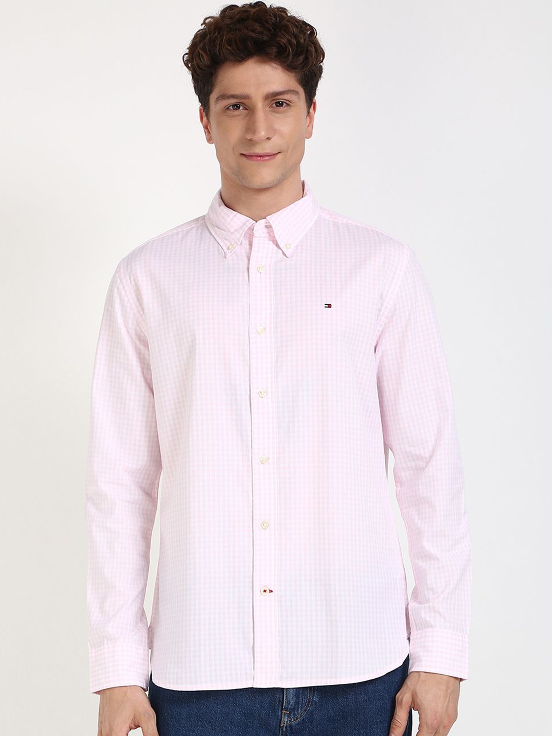 

Tommy Hilfiger Men Button-Down Collar Micro Checked Cotton Casual Shirt, Pink