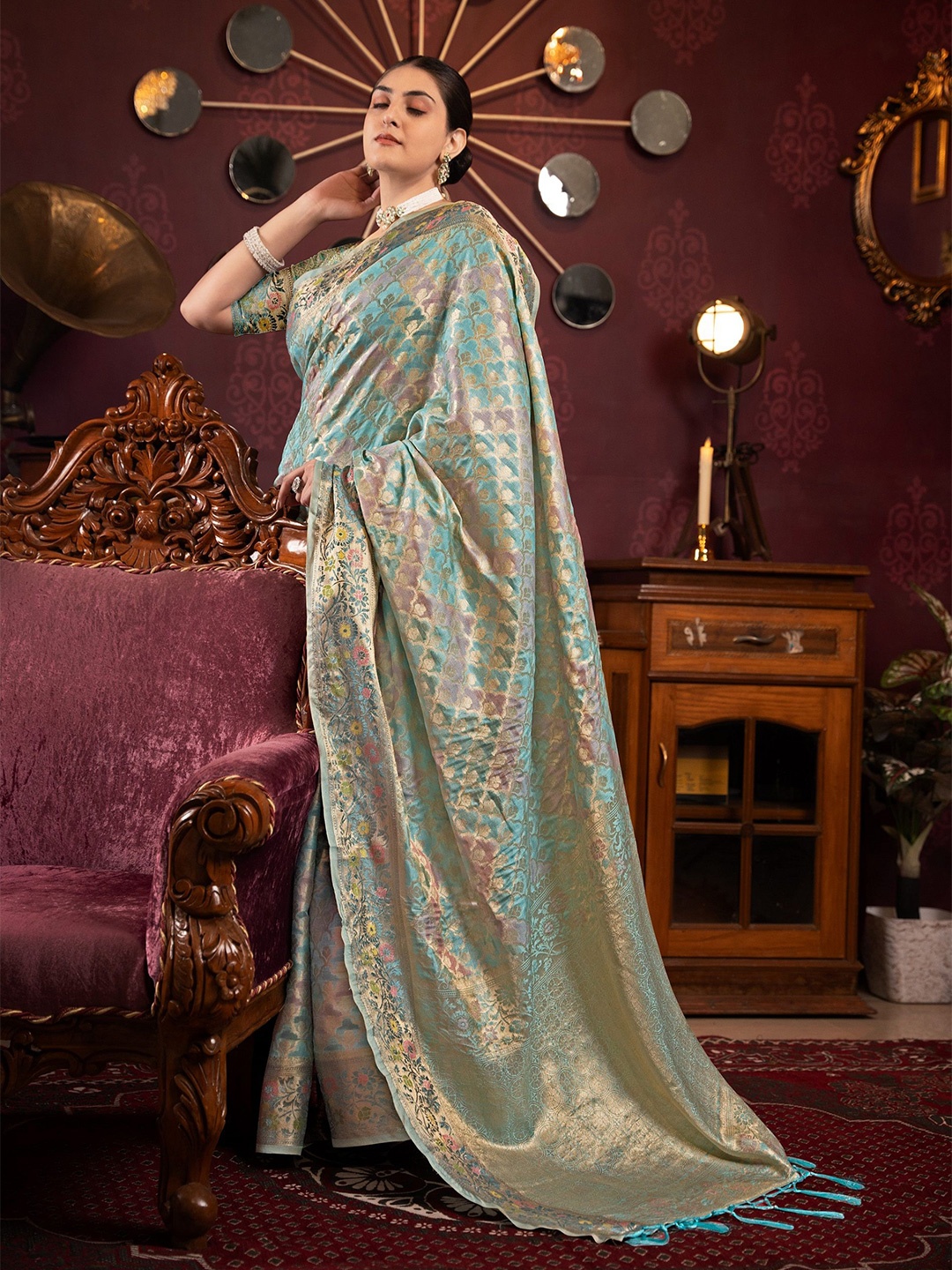 

MAHALASA Ethnic Motifs Zari Banarasi Saree, Turquoise blue