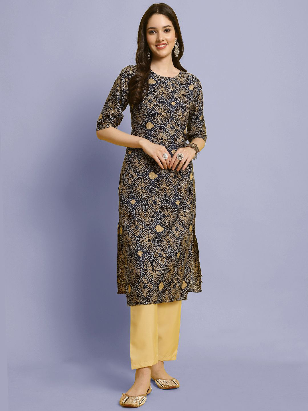 

Moda Rapido Ethnic Motifs Printed Round Neck Straight Kurta With Trousers, Blue