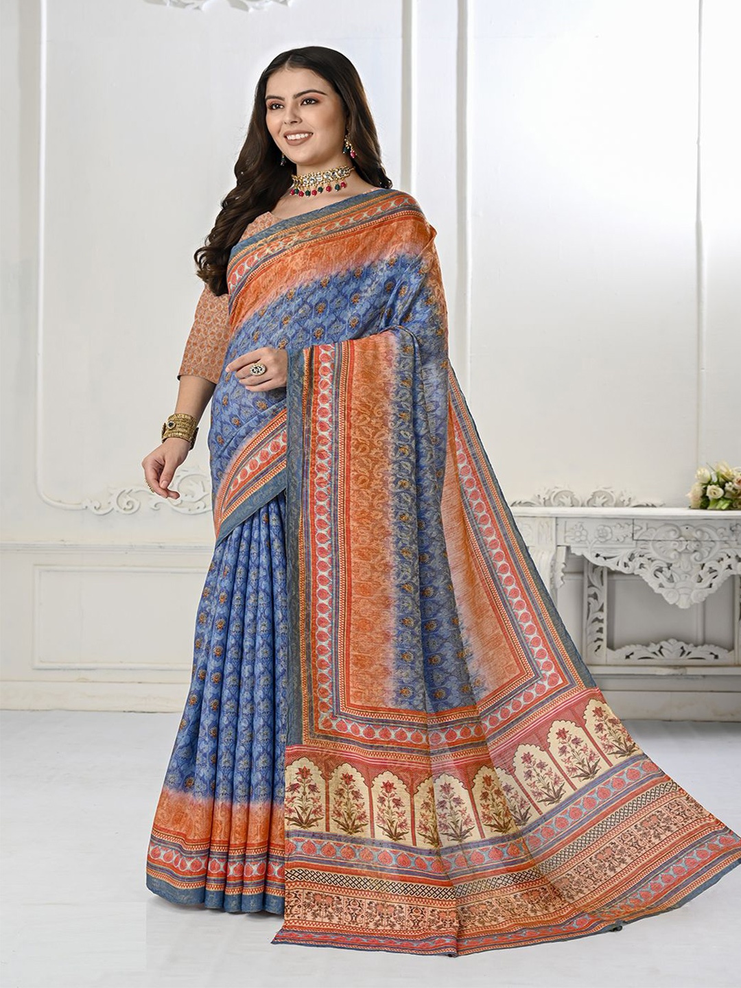 

Krimmple Ethnic Motifs Pure Silk Saree, Blue