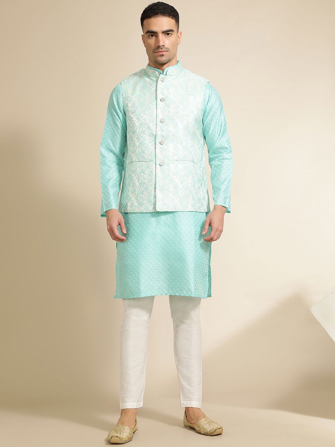 

Jaipur Kurti Ethnic Motifs Woven Design Straight Kurta With Pyjama & Nehru Jacket, Blue