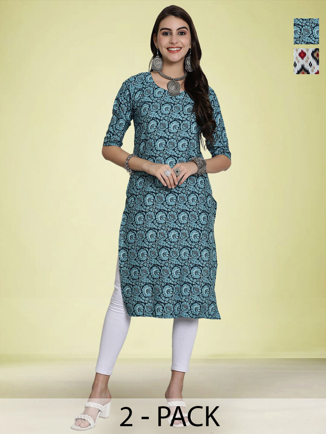 

Moda Rapido Selection Of 2 Geometric Printed Round Neck Straight Kurtas, Blue