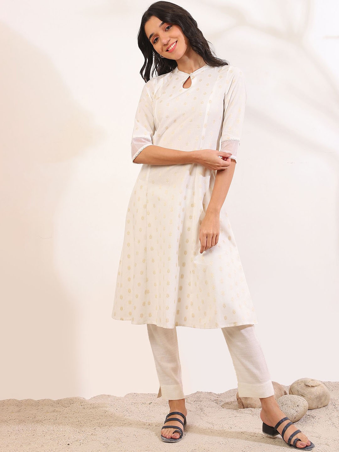 

AURELIA Ethnic Motifs Embroidered A-Line Kurta, White