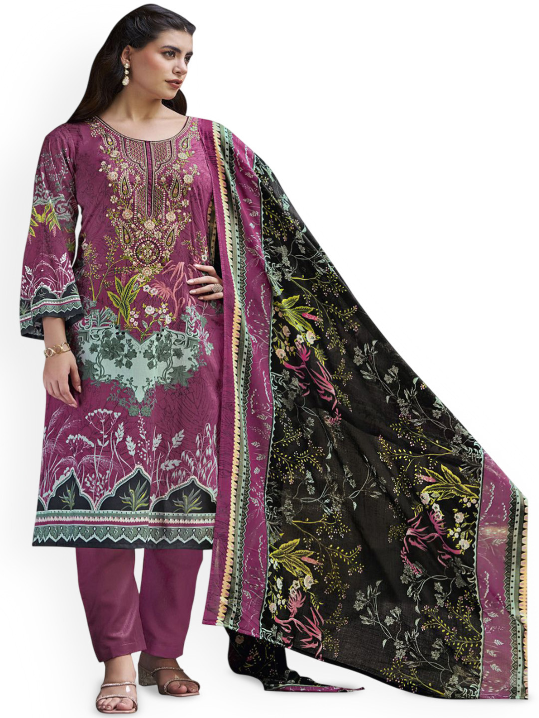

DRAVINAM Floral Printed Pure Cotton Unstitched Dress Material, Pink