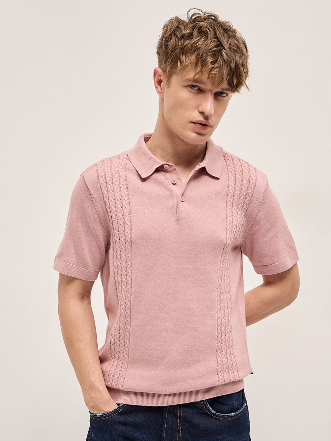 

THE BEAR HOUSE Men Self Design Polo Collar Cotton Slim Fit T-shirt, Pink