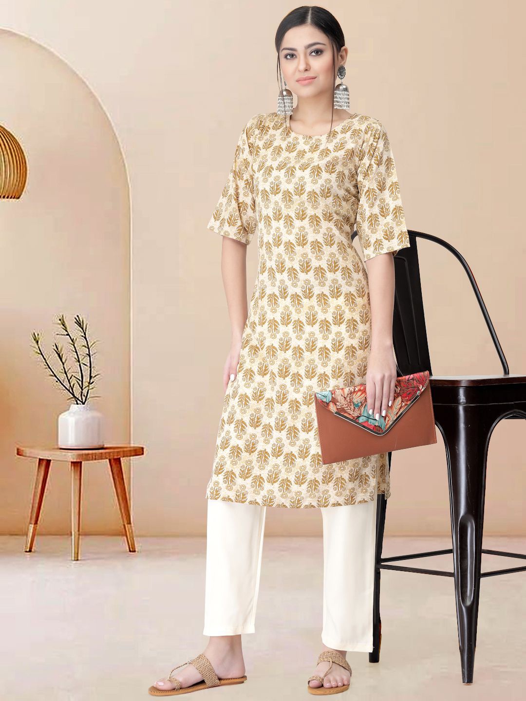 

Moda Rapido Women Floral Printed Regular Kurta with Trousers, Beige