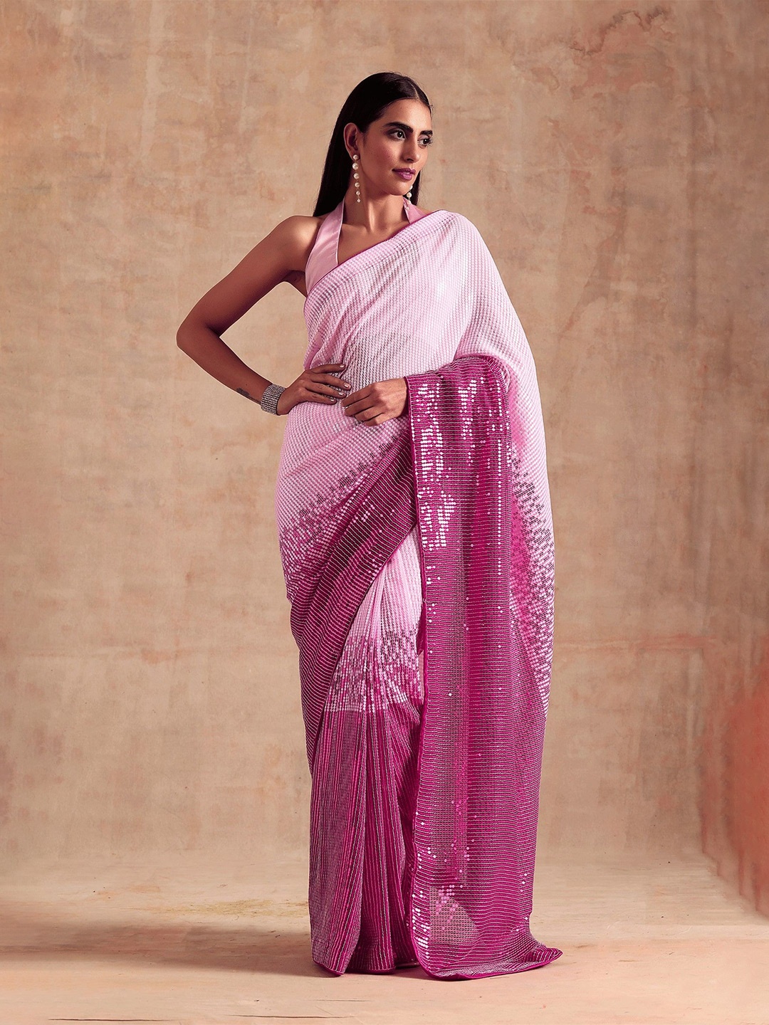 

LeeliPeeri Designer Embellished Embroidered Pure Georgette Saree, Pink