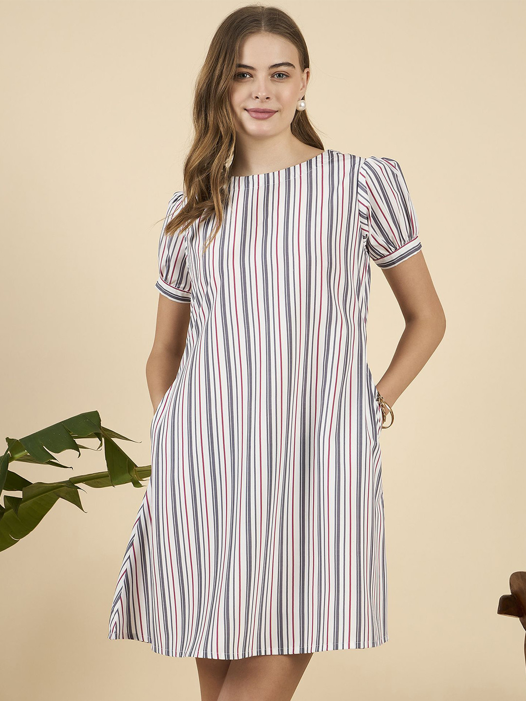 

Mast & Harbour Striped Puff Sleeve A-Line Mini Dress, White