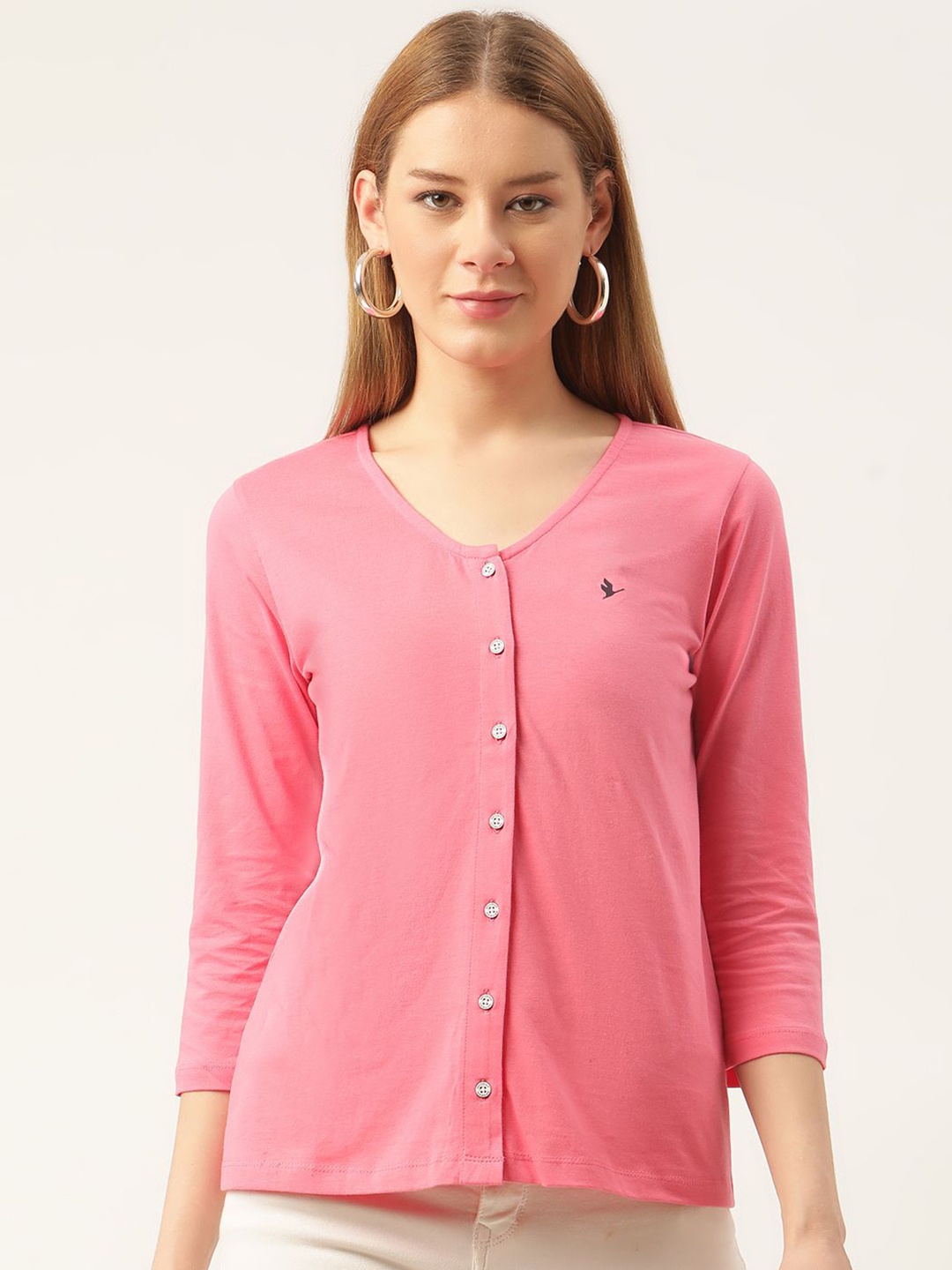 

AMSWAN Women Cotton V-Neck Top, Pink