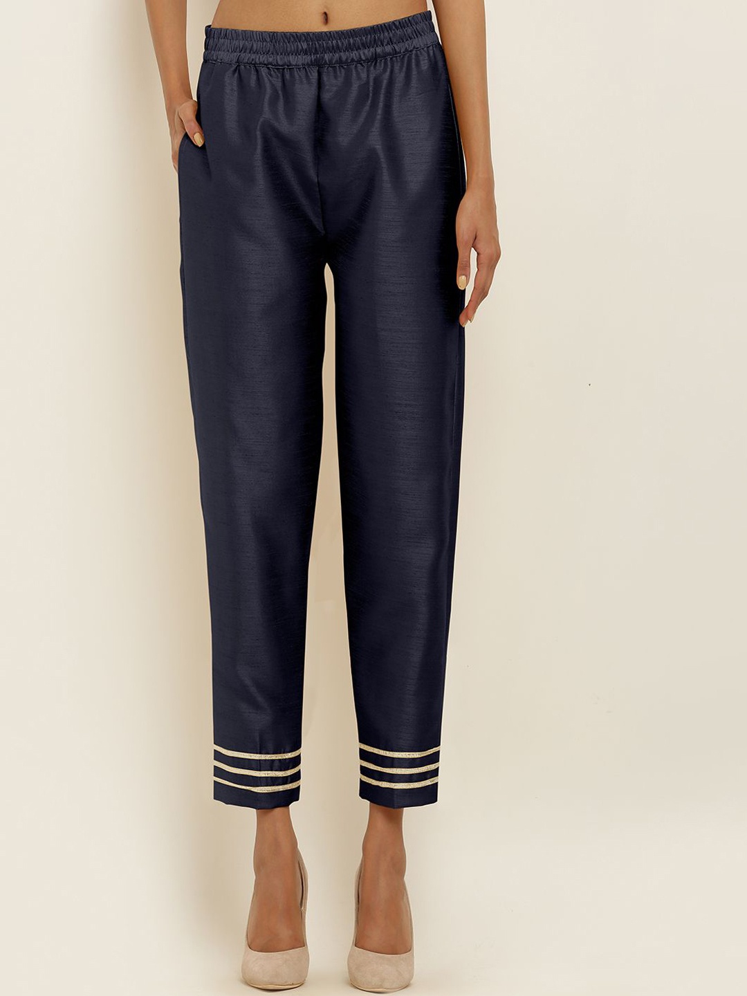

FLOREOS Women Comfort Easy Wash Silk Cigarette Trousers, Navy blue