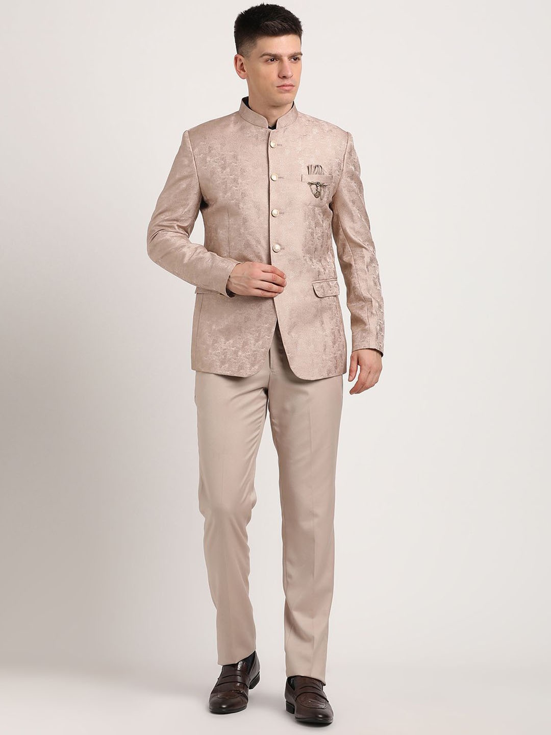 

Turtle Men 2-Pc Self Design Bandhgala Party Suit, Beige