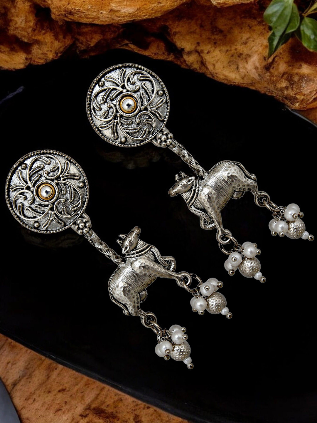 

LUCKY JEWELLERY Silver-Plated Oxidised Peals Beaded Contemporary Shaped Drop Earrings