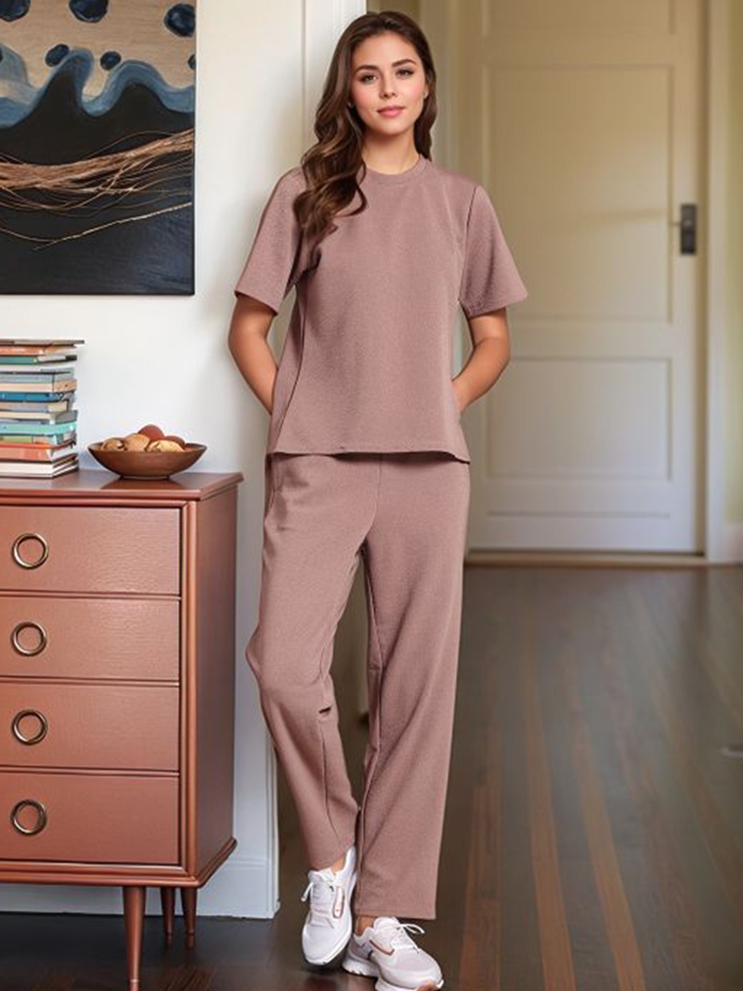

DressBerry Round Neck T-Shirt & Trouser Co-Ord Set, Brown