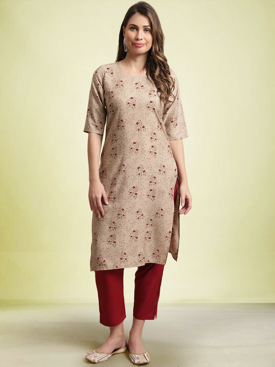 

Moda Rapido Women Floral Printed Regular Kurta with Trousers, Beige